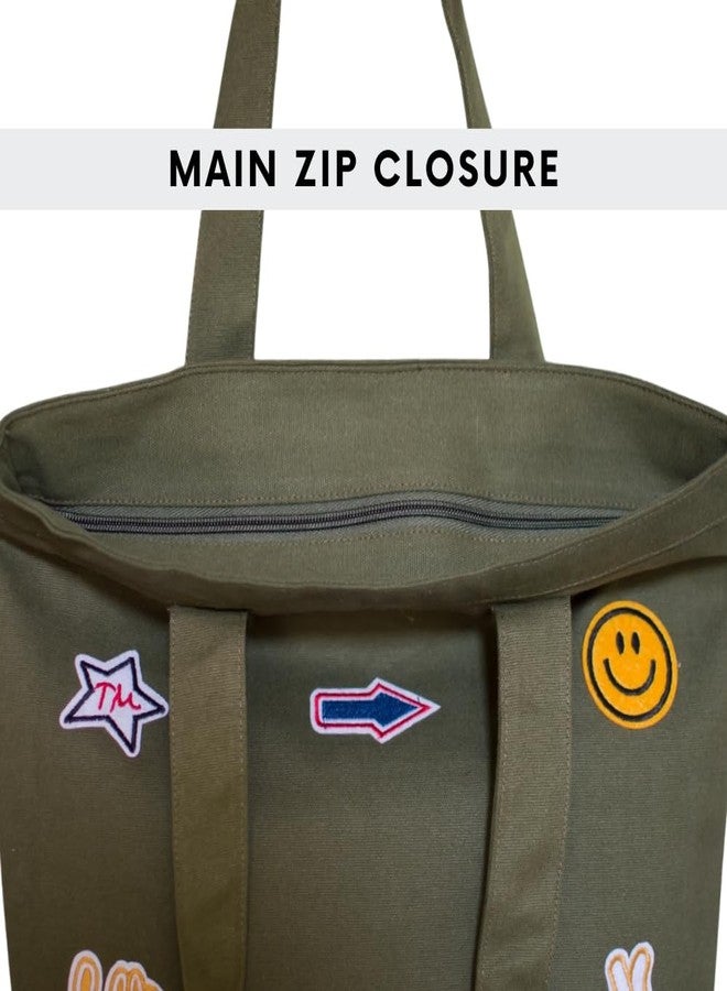 Roundsun Canvas Tote Bag with Fun Patches | Casual Shopping Shoulder Bag | Olive | Black | Navy | White | Main Zip Closure | Outside Pocket with Zip Closure | Eco Friendly (1.Olive) - Image 5